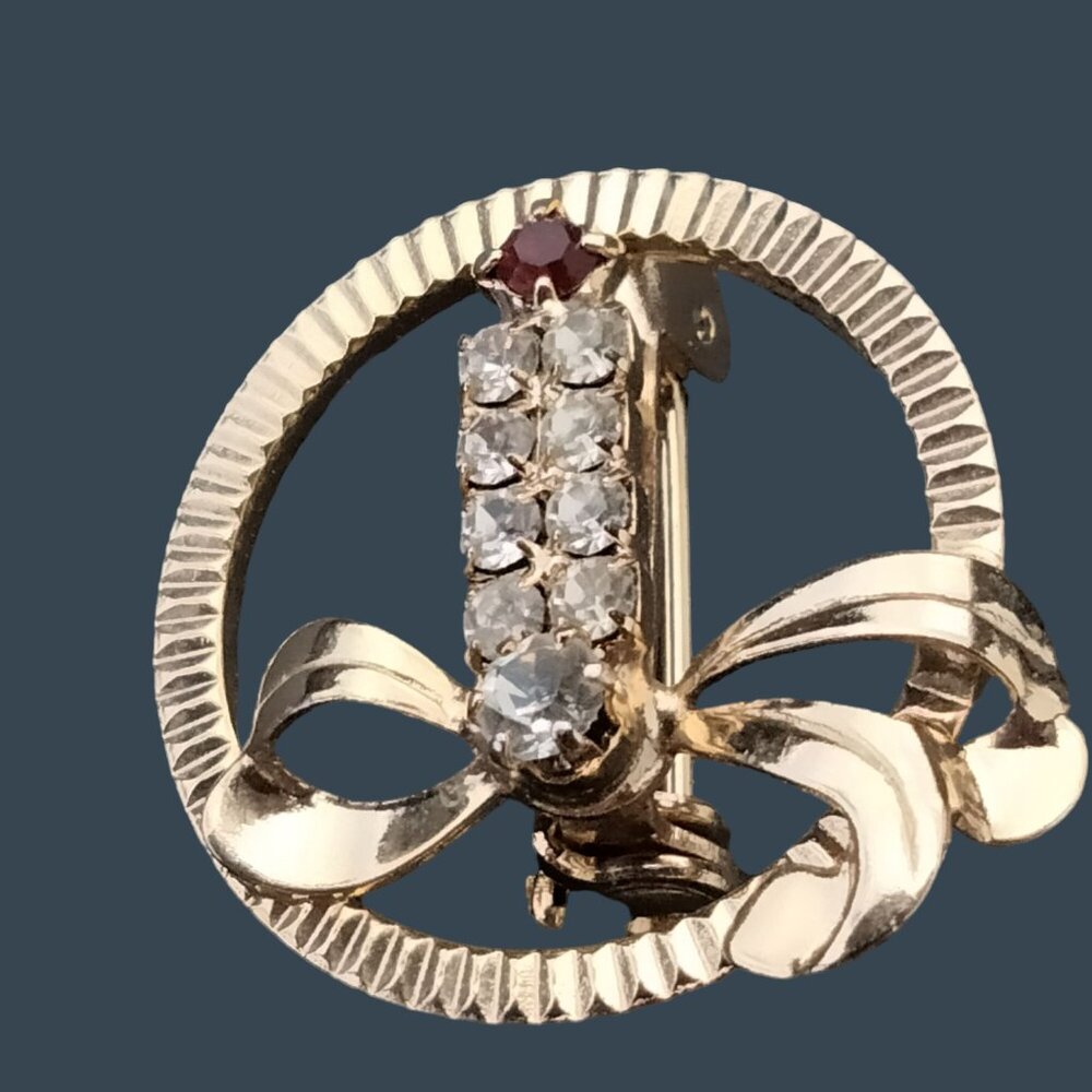 Garnet Crystal Christmas Candle Brooch Pin Vintage Gold Ring Holiday Jewelry